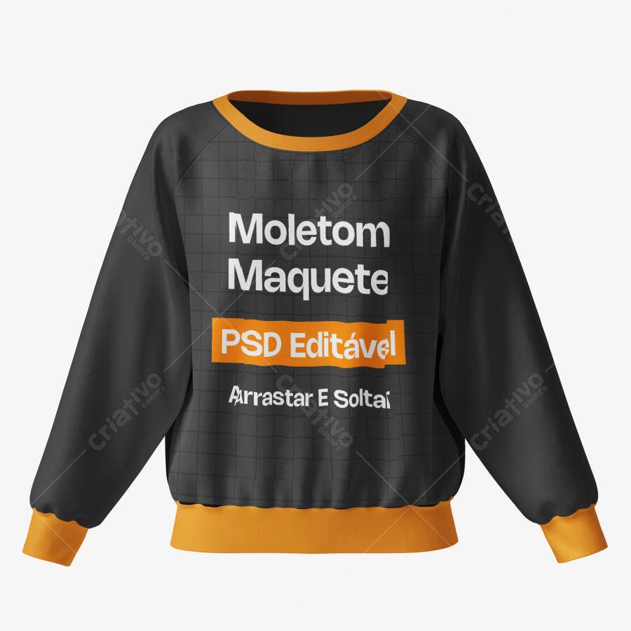 Mockup Moletom Preto e Laranja Frente Fundo Branco Editável