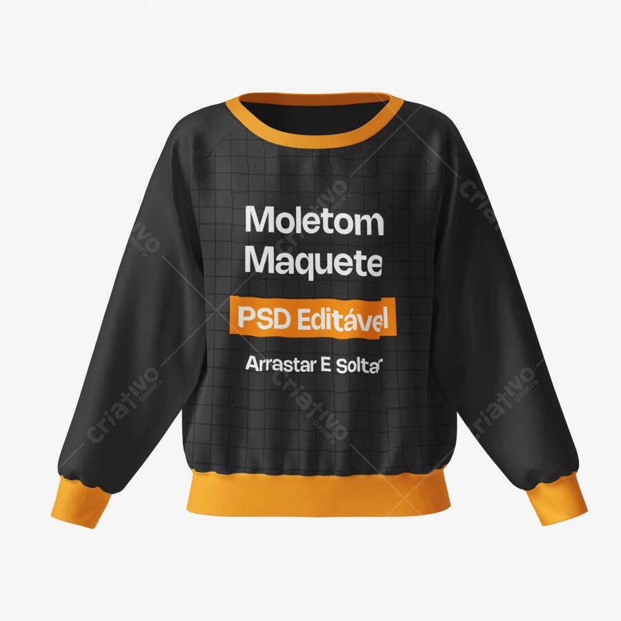Mockup Moletom Preto e Laranja Frente Fundo Branco Editável