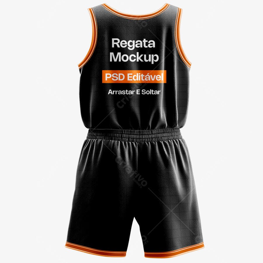 Mockup Regata e Short Basquete Preto Fundo Branco Editável