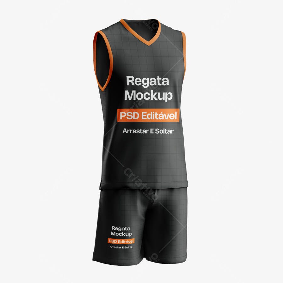 Mockup Regata e Short Esportivo Preto Fundo Branco Editável