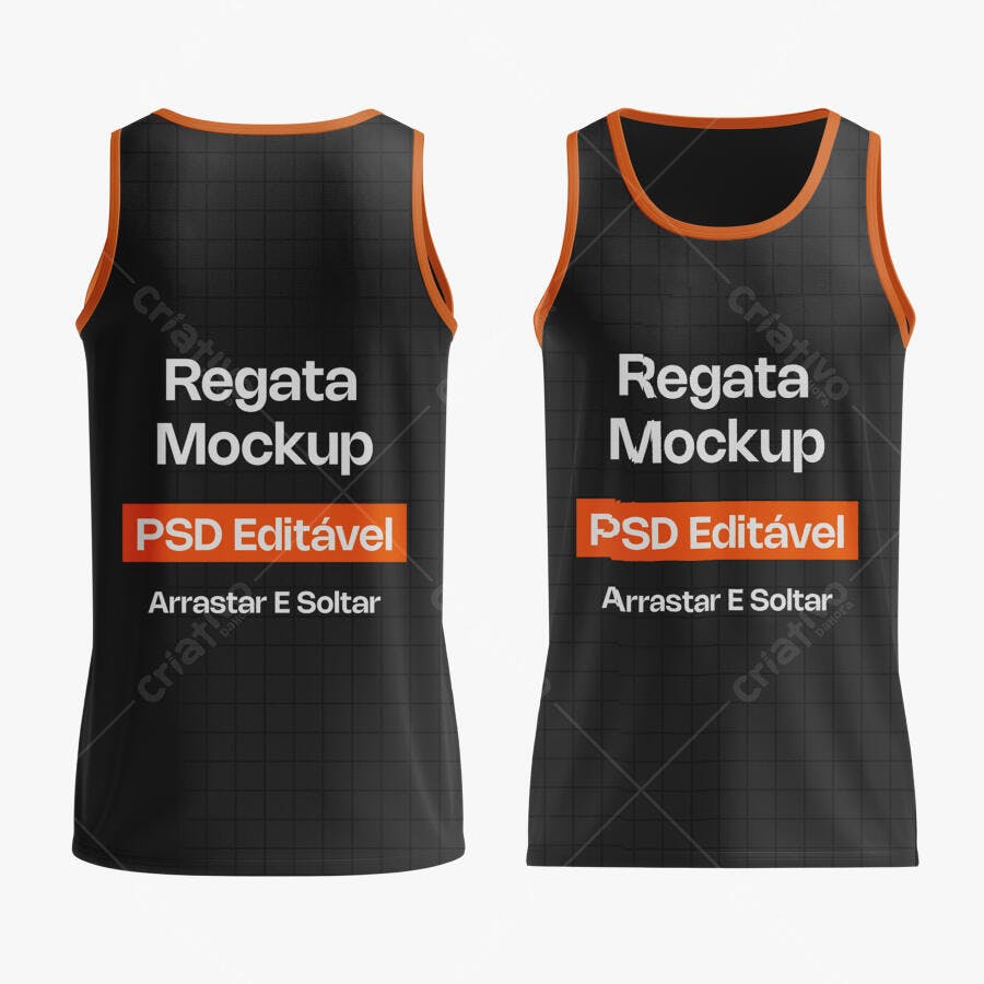 Mockup Regata Preta Frente e Costas Fundo Branco Editável
