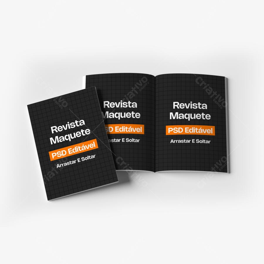 Mockup Revista A4 Aberta e Fechada Fundo Branco Editável
