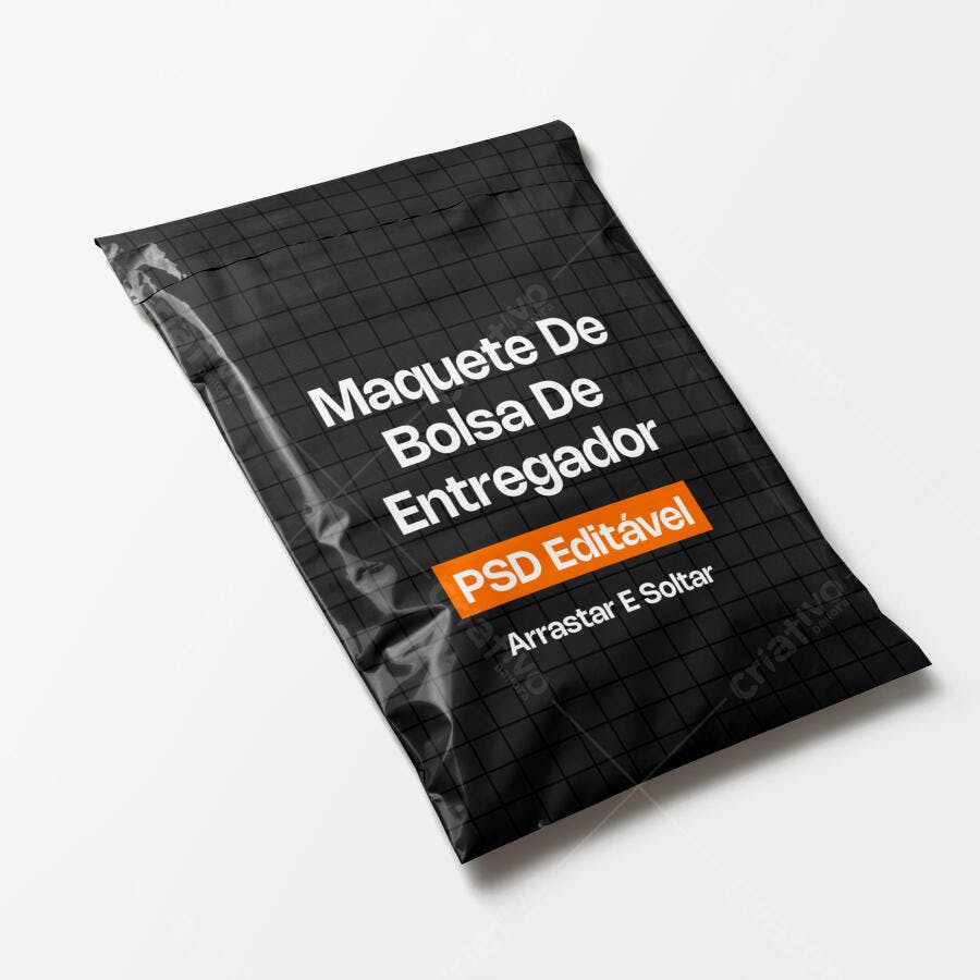 Mockup Saco Plástico Embalagem Delivery 3/4 Fundo Branco Editável