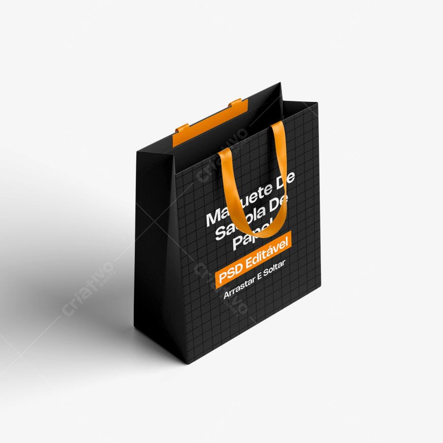 Mockup Sacola Papel Preta Alça Laranja 3/4 Editável