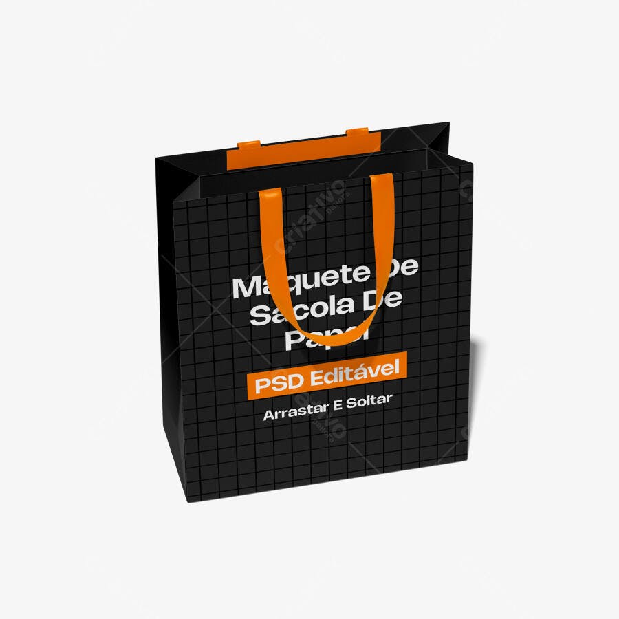 Mockup Sacola Papel Preta Alça Laranja Fundo Branco Editável