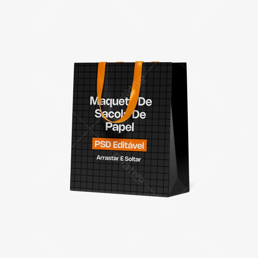 Mockup Sacola Papel Preta Alça Laranja Fundo Branco Editável