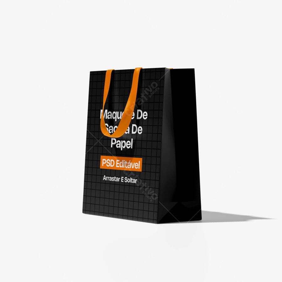 Mockup Sacola Papel Preto Alça Laranja Fundo Branco Editável
