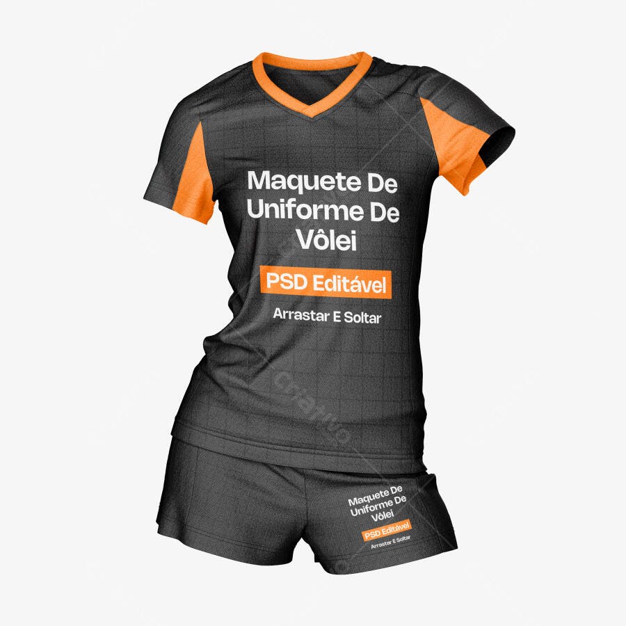 Mockup Uniforme Vôlei Feminino Preto Laranja Frontal Editável