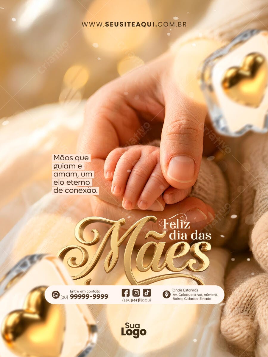 Post Instagram Dia das Mães Mão Bebê Dourado PSD Editável