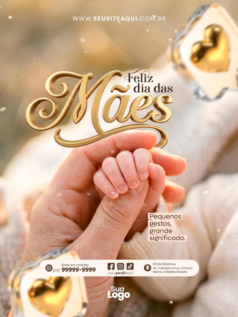 Post Instagram Dia das Mães Mãos Bebê Dourado PSD Editável