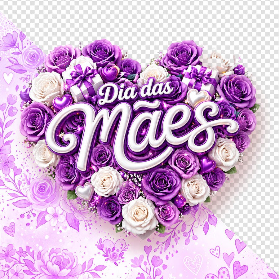 Dia das Mães Coração Rosas Roxas PSD Editável