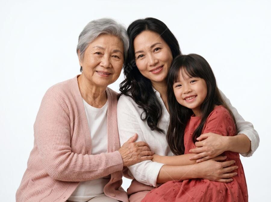 Foto Família Asiática Três Gerações Sorrindo Abraçadas Fundo Branco