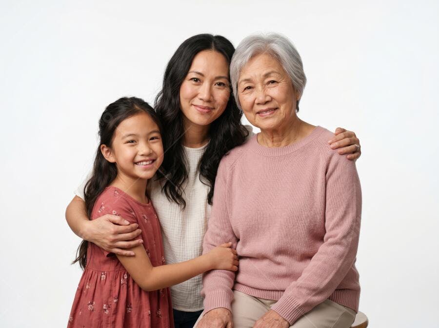 Foto Família Asiática Três Gerações Sorrindo Estúdio Branco