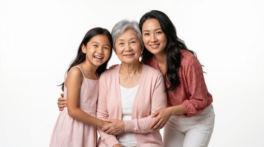 Foto Família Asiática Três Gerações Sorrindo Fundo Branco
