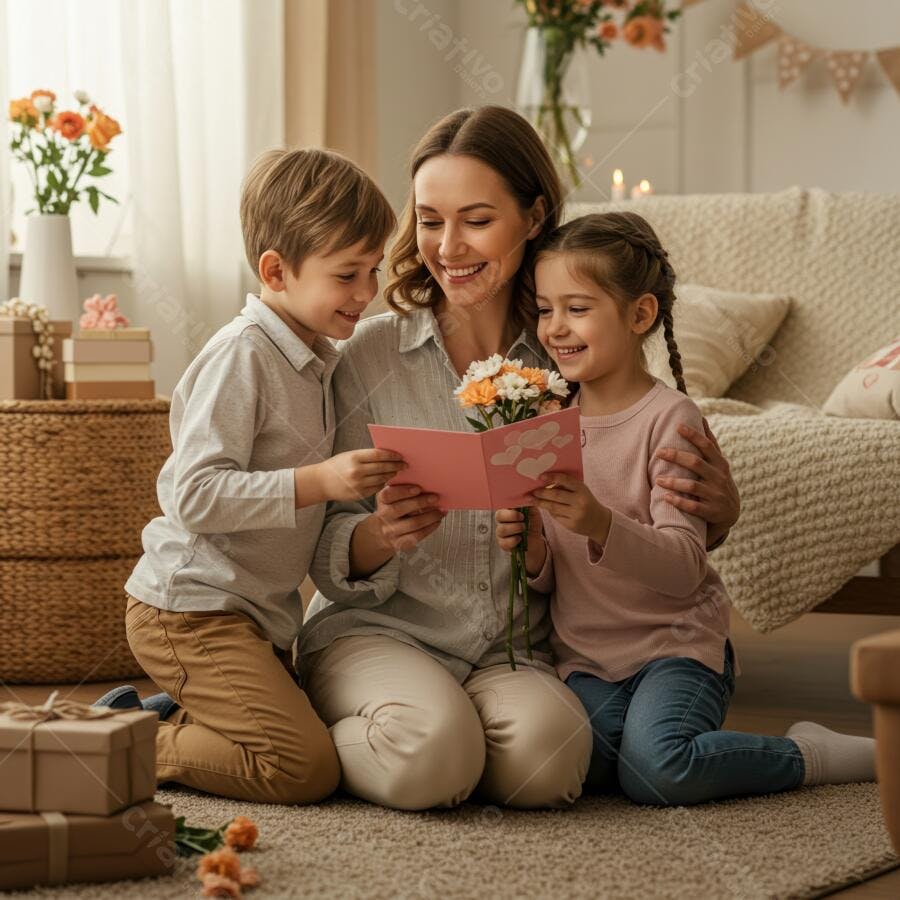 Foto Família Feliz Celebrando Dia das Mães em Casa