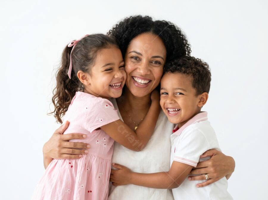 Foto Família Negra Sorrindo Mãe e Filhos Abraçados Fundo Branco