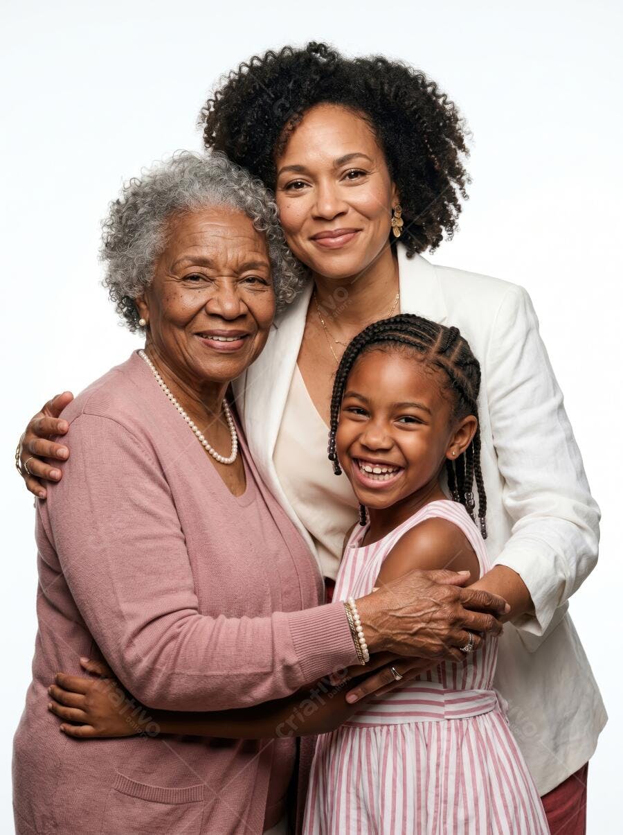 Foto Família Negra Três Gerações Sorrindo Abraçadas Estúdio