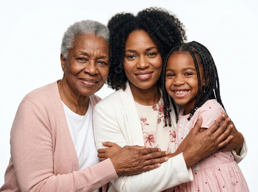Foto Família Negra Três Gerações Sorrindo Retrato Estúdio
