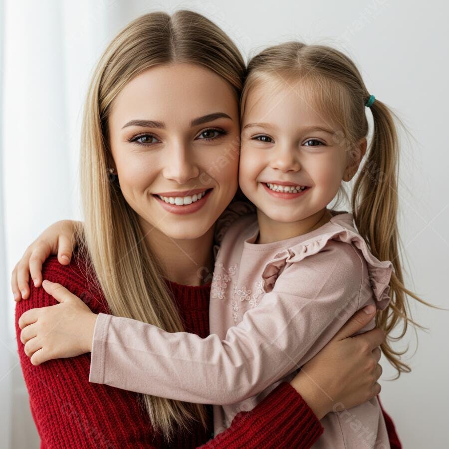 Foto Mãe e Filha Abraçadas Sorrindo Felizes Retrato Família
