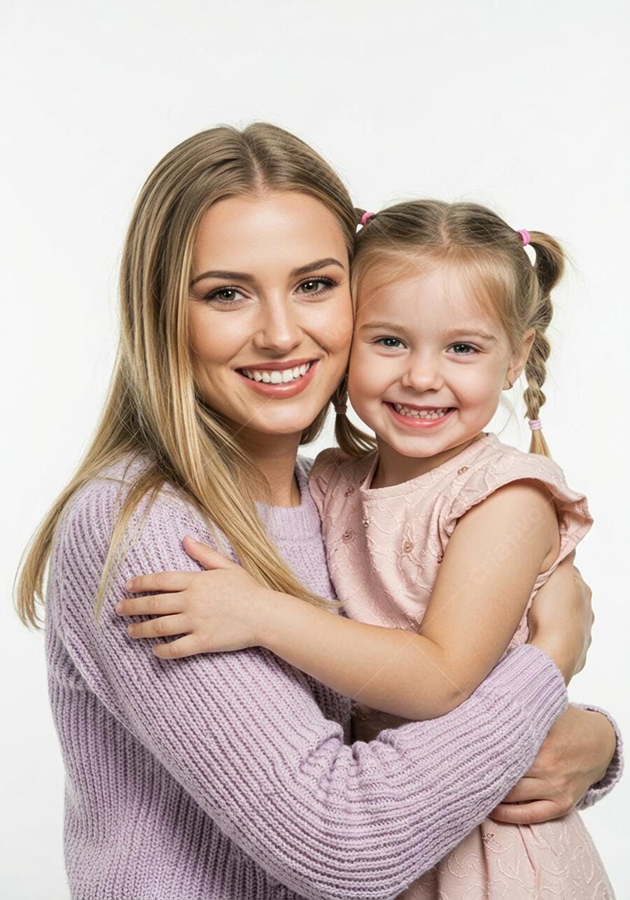 Foto Mãe e Filha Abraçadas Sorrindo Fundo Branco