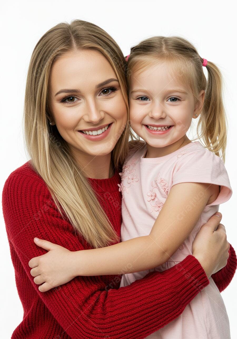 Foto Mãe e Filha Abraçadas Sorrindo Fundo Branco