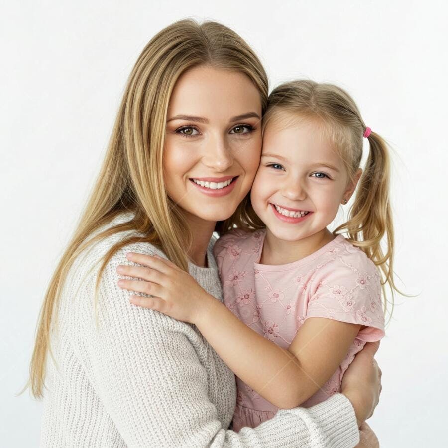 Foto Mãe e Filha Abraçadas Sorrindo Fundo Branco