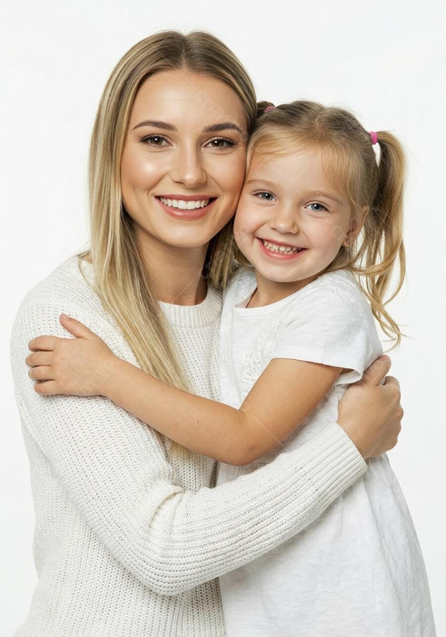 Foto Mãe e Filha Abraçadas Sorrindo Fundo Branco Estúdio