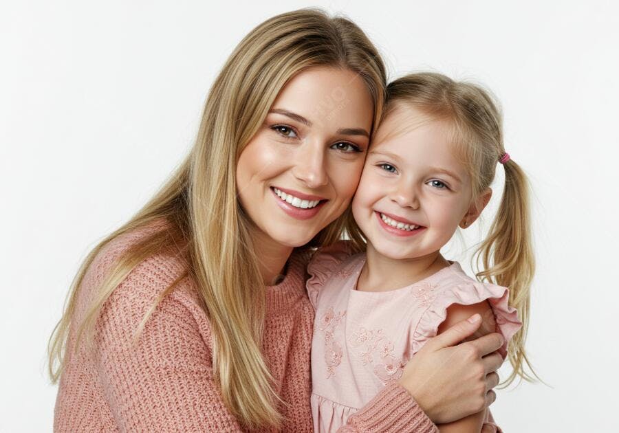 Foto Mãe e Filha Abraçadas Sorrindo Fundo Branco Estúdio