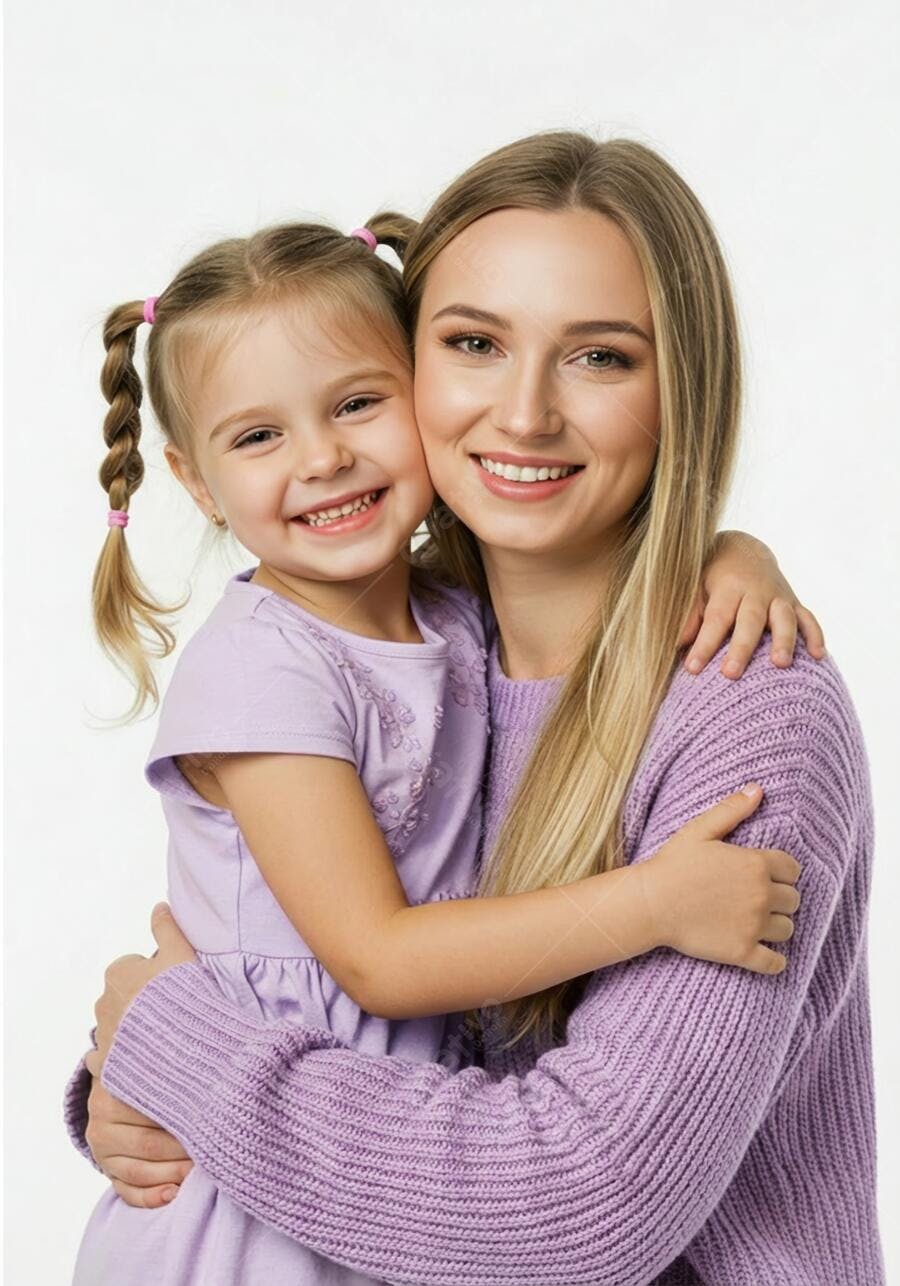 Foto Mãe e Filha Abraçadas Sorrindo Fundo Branco Estúdio