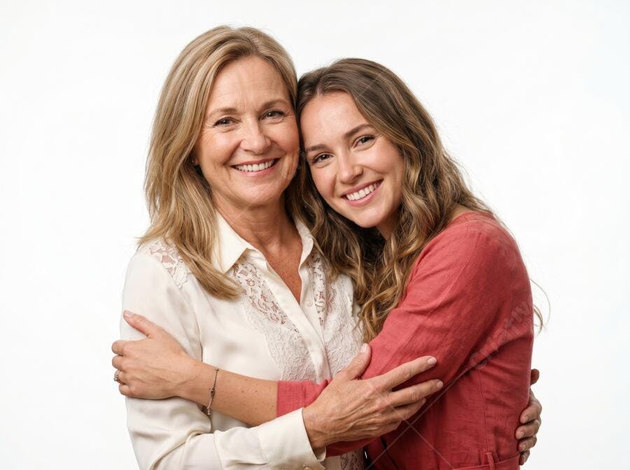 Foto Mãe e Filha Abraçadas Sorrindo Fundo Branco Estúdio