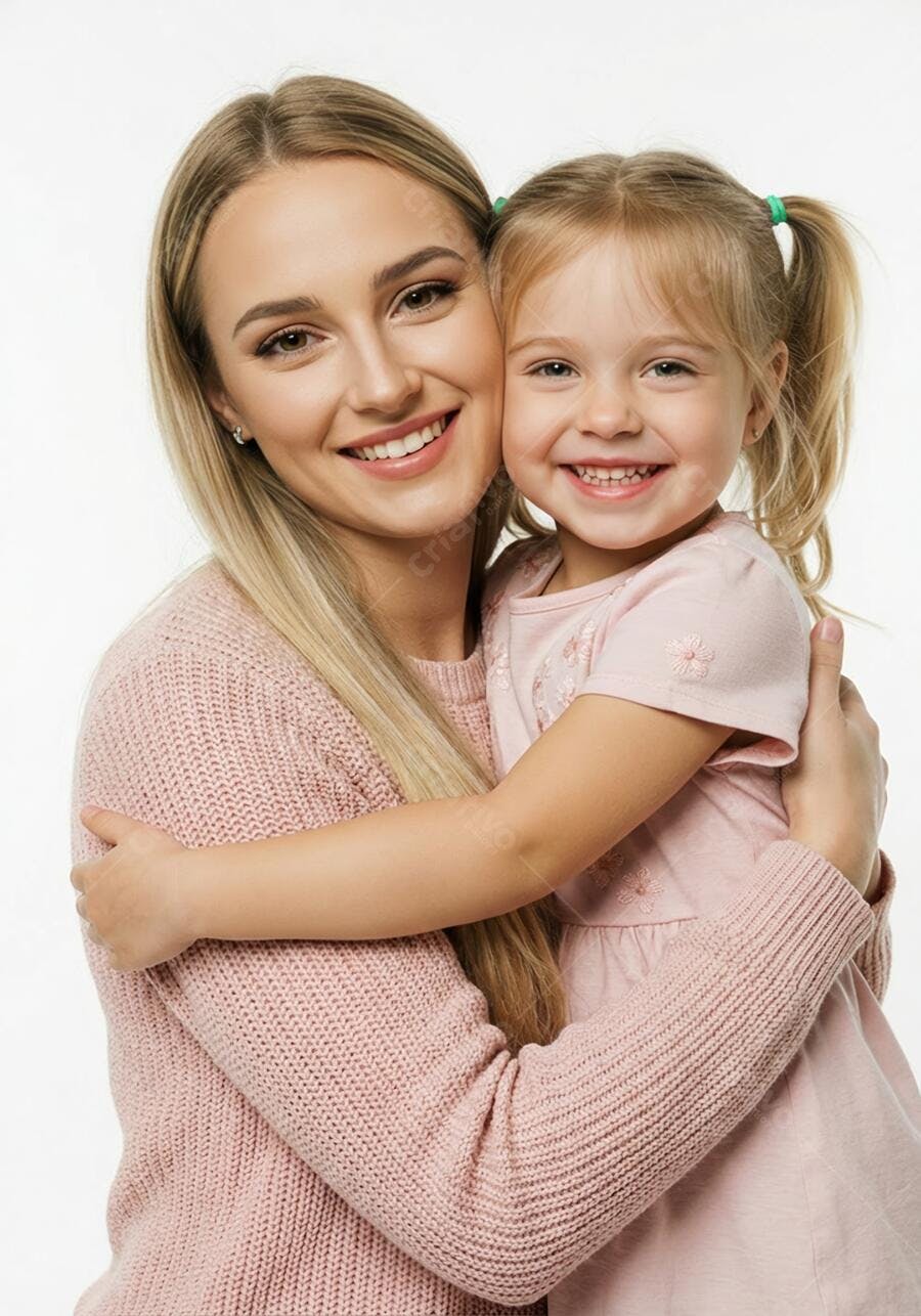 Foto Mãe e Filha Abraçadas Sorrindo Fundo Branco Estúdio