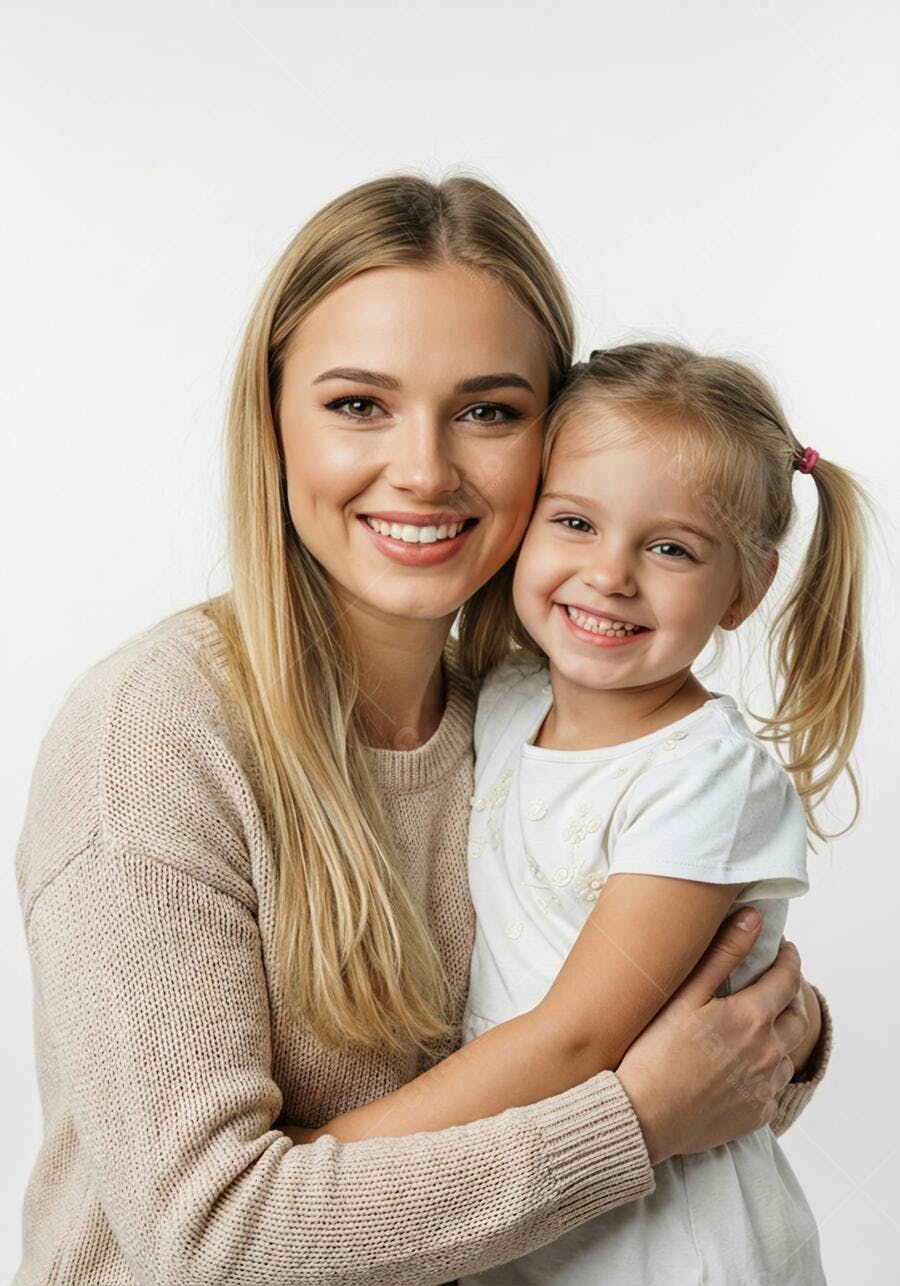 Foto Mãe e Filha Abraçadas Sorrindo Fundo Branco