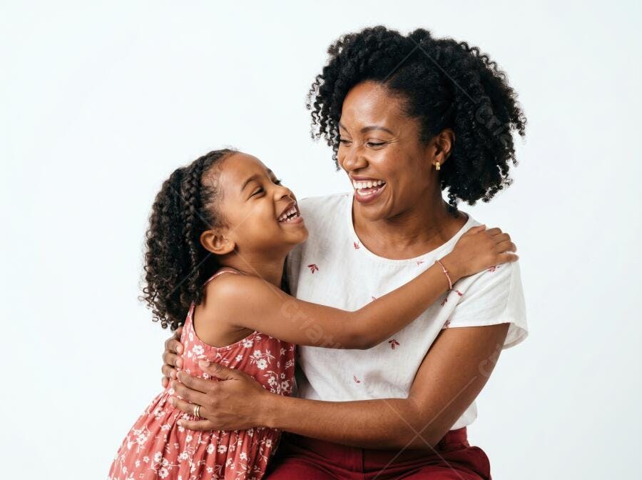 Foto Mãe e Filha Negra Abraçadas Rindo Fundo Branco