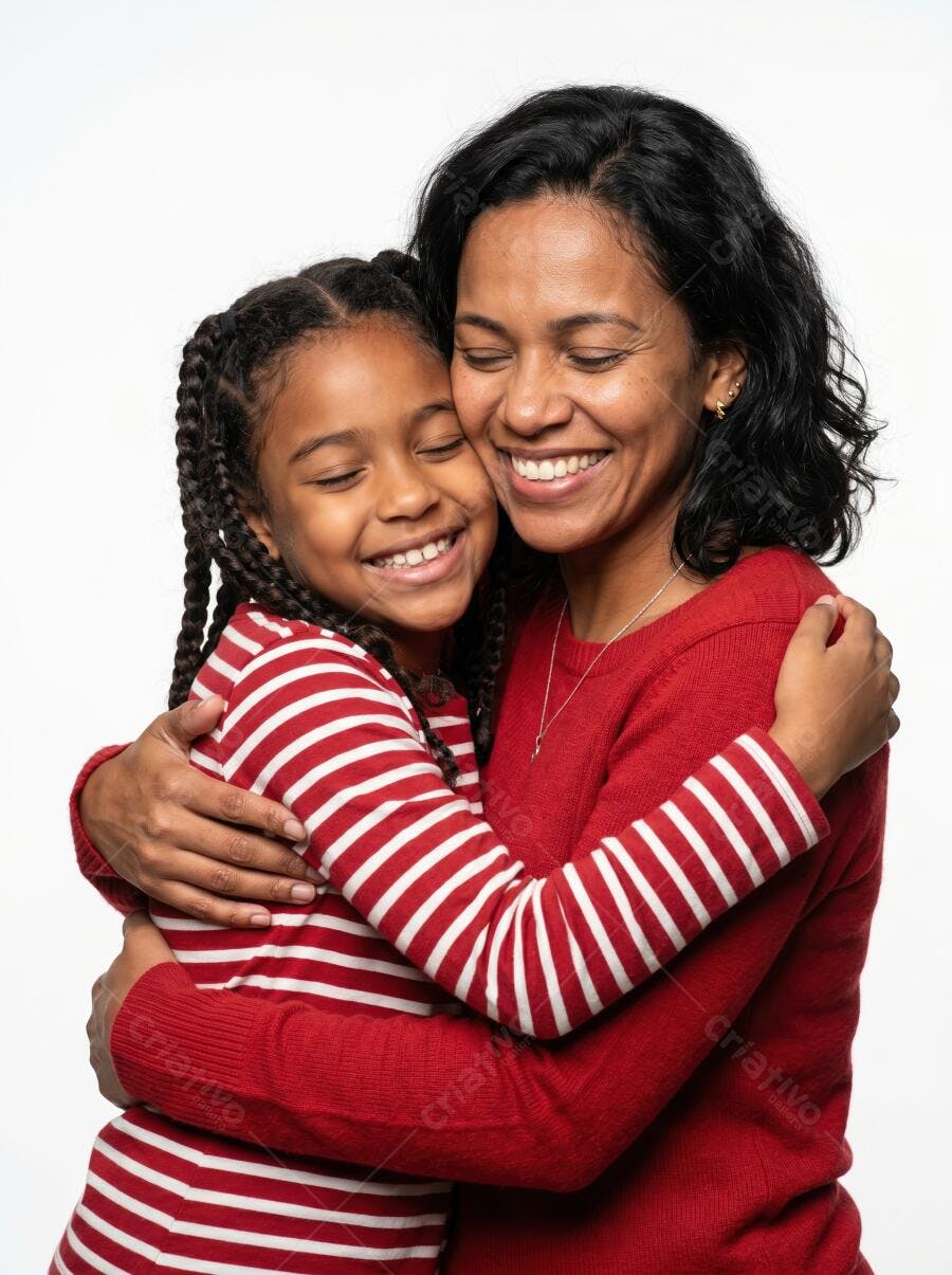 Foto Mãe e Filha Negra Abraçadas Sorrindo Fundo Branco