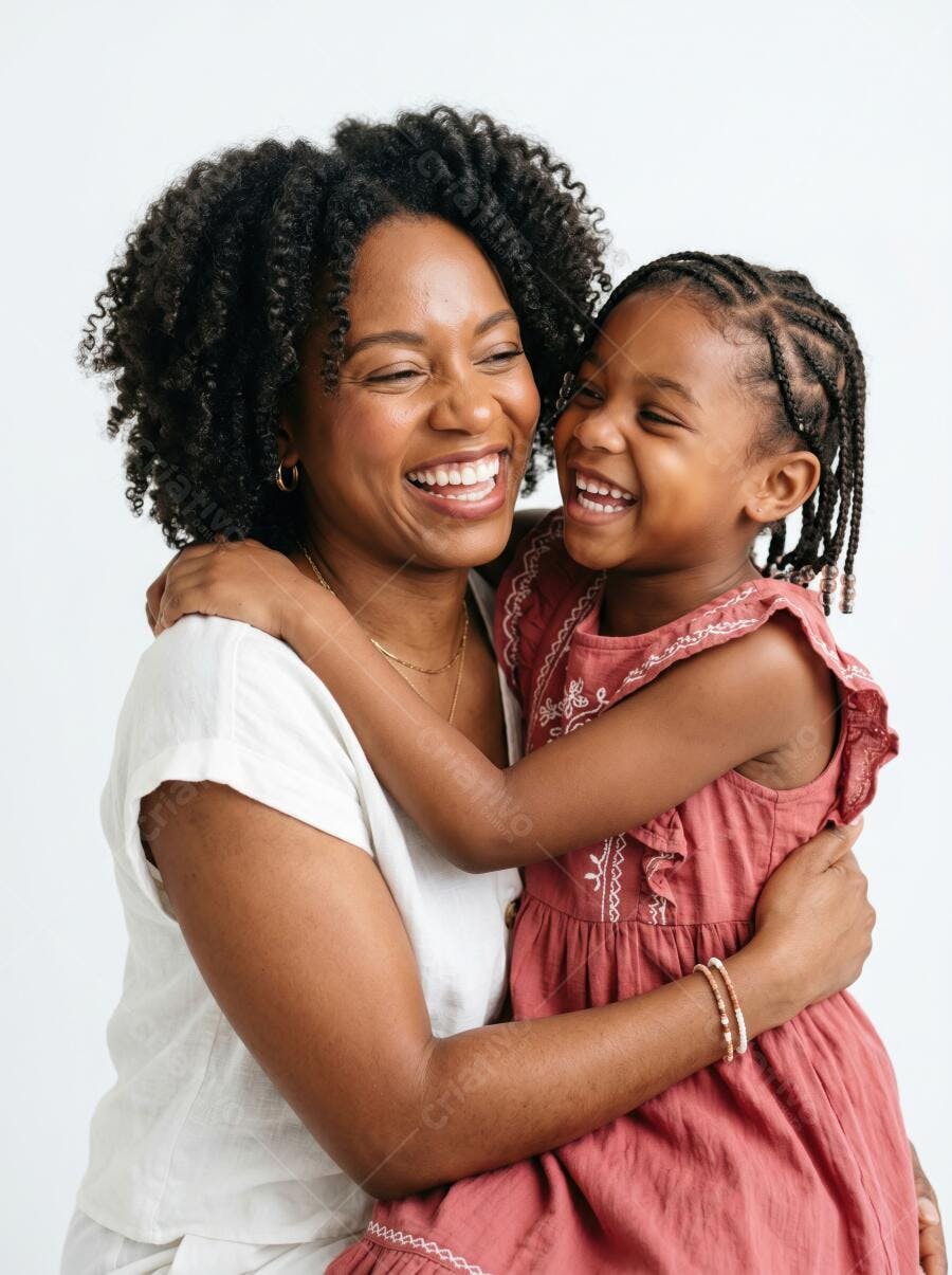 Foto Mãe e Filha Negra Sorrindo Abraçadas Fundo Branco