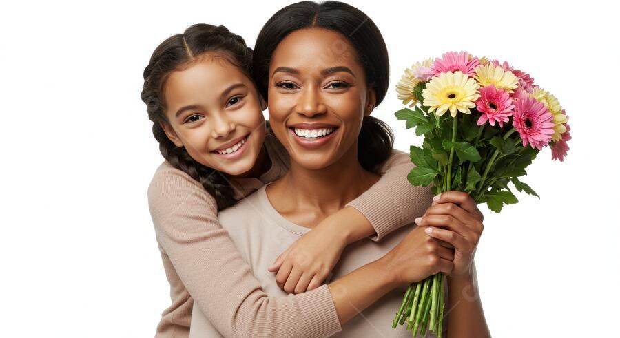 Foto Mãe e Filha Negra Sorrindo Buquê Flores Dia das Mães