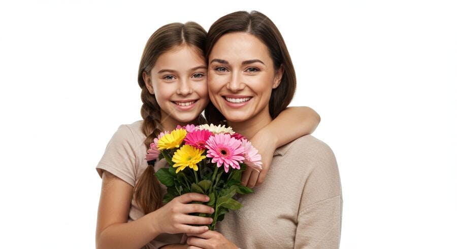 Foto Mãe e Filha Sorrindo Buquê de Flores Dia das Mães