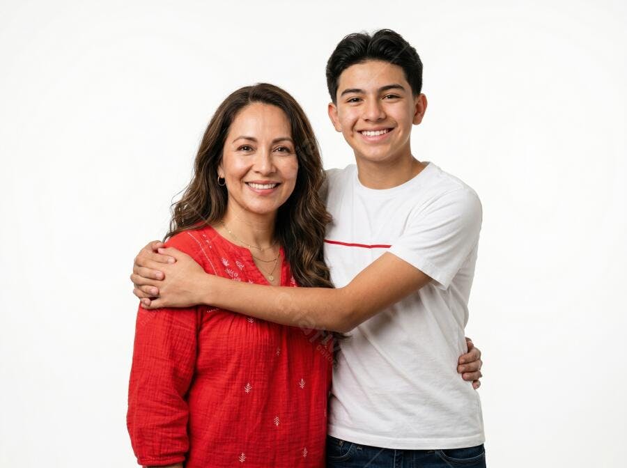 Foto Mãe e Filho Adolescente Sorrindo Estúdio Fundo Branco
