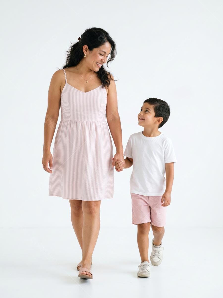Foto Mãe e Filho Caminhando Juntos Fundo Branco Estúdio