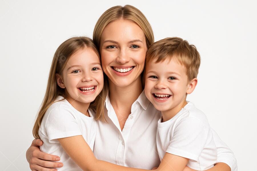Foto Mãe e Filhos Sorrindo Abraçados Fundo Branco Estúdio