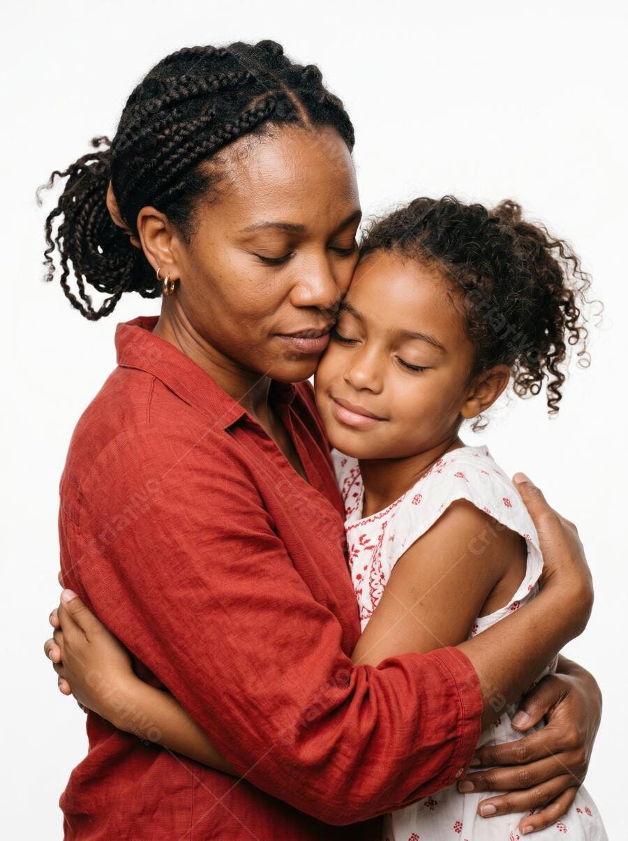 Foto Mãe Negra Filha Abraçadas Carinho Fundo Branco