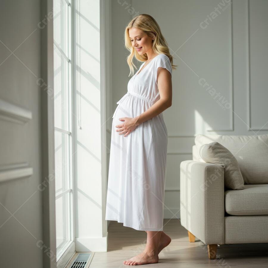 Foto Mulher Grávida Loira Vestido Branco Janela Casa