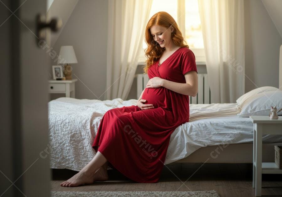 Foto Mulher Grávida Ruiva Sorrindo Tocando Barriga Quarto
