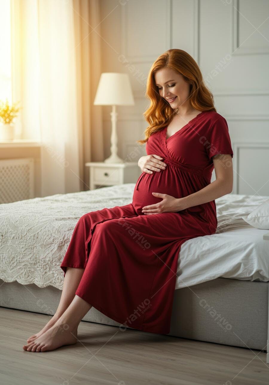Foto Mulher Grávida Ruiva Sorrindo Tocando Barriga Quarto