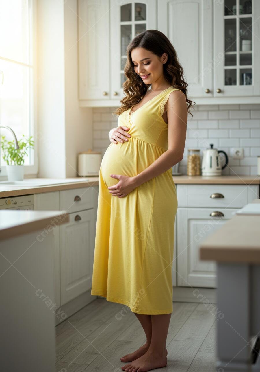 Foto Mulher Grávida Sorrindo Barriga Cozinha Iluminada