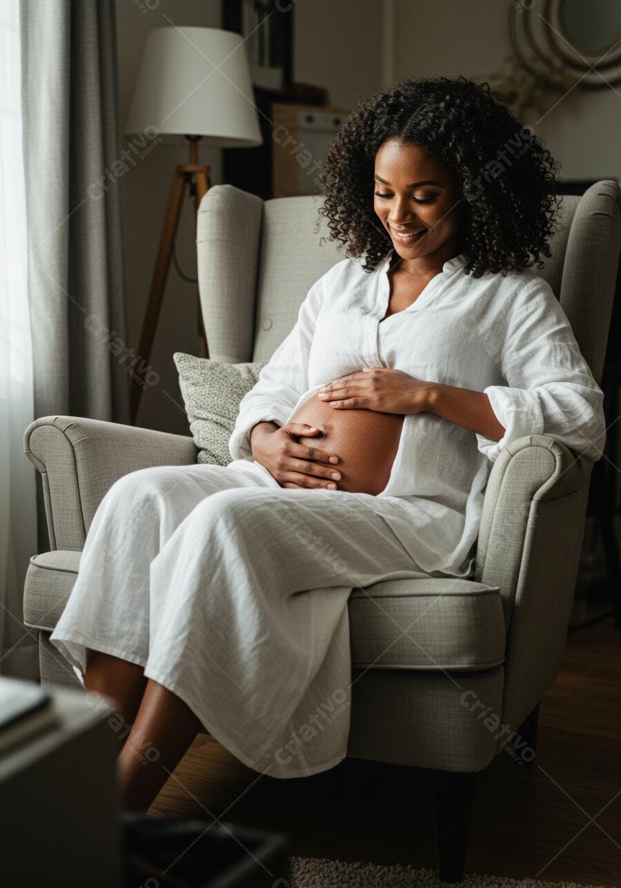 Foto Mulher Negra Grávida Sorrindo Tocando Barriga Poltrona