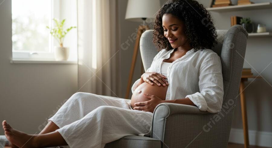 Foto Mulher Negra Grávida Tocando Barriga Poltrona Sala