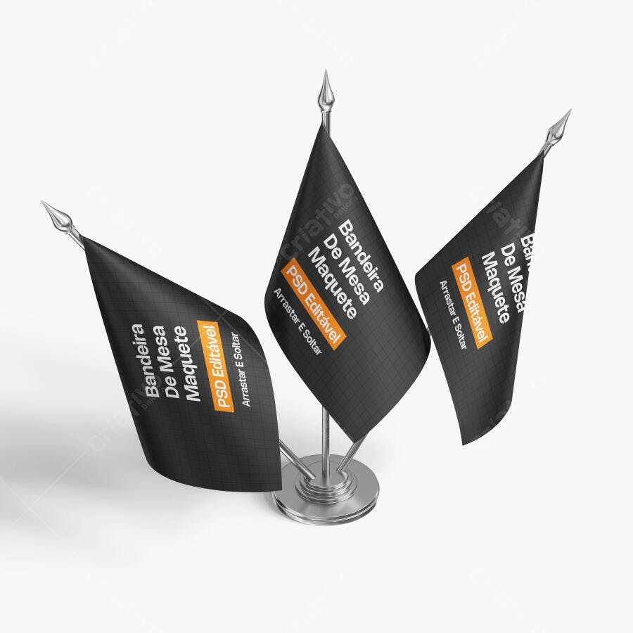 Mockup Bandeira de Mesa Tripla com Base Metal Editável