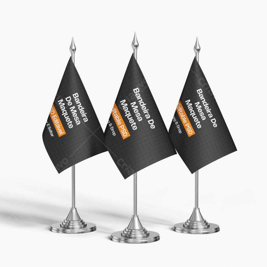 Mockup Bandeira de Mesa Tripla Frontal Fundo Branco Editável