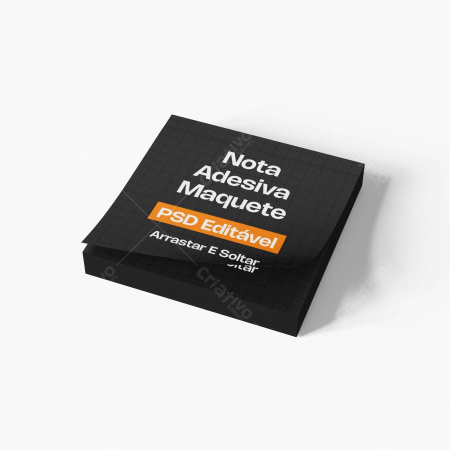 Mockup Bloco Notas Adesivas Preto 3/4 Fundo Branco Editável